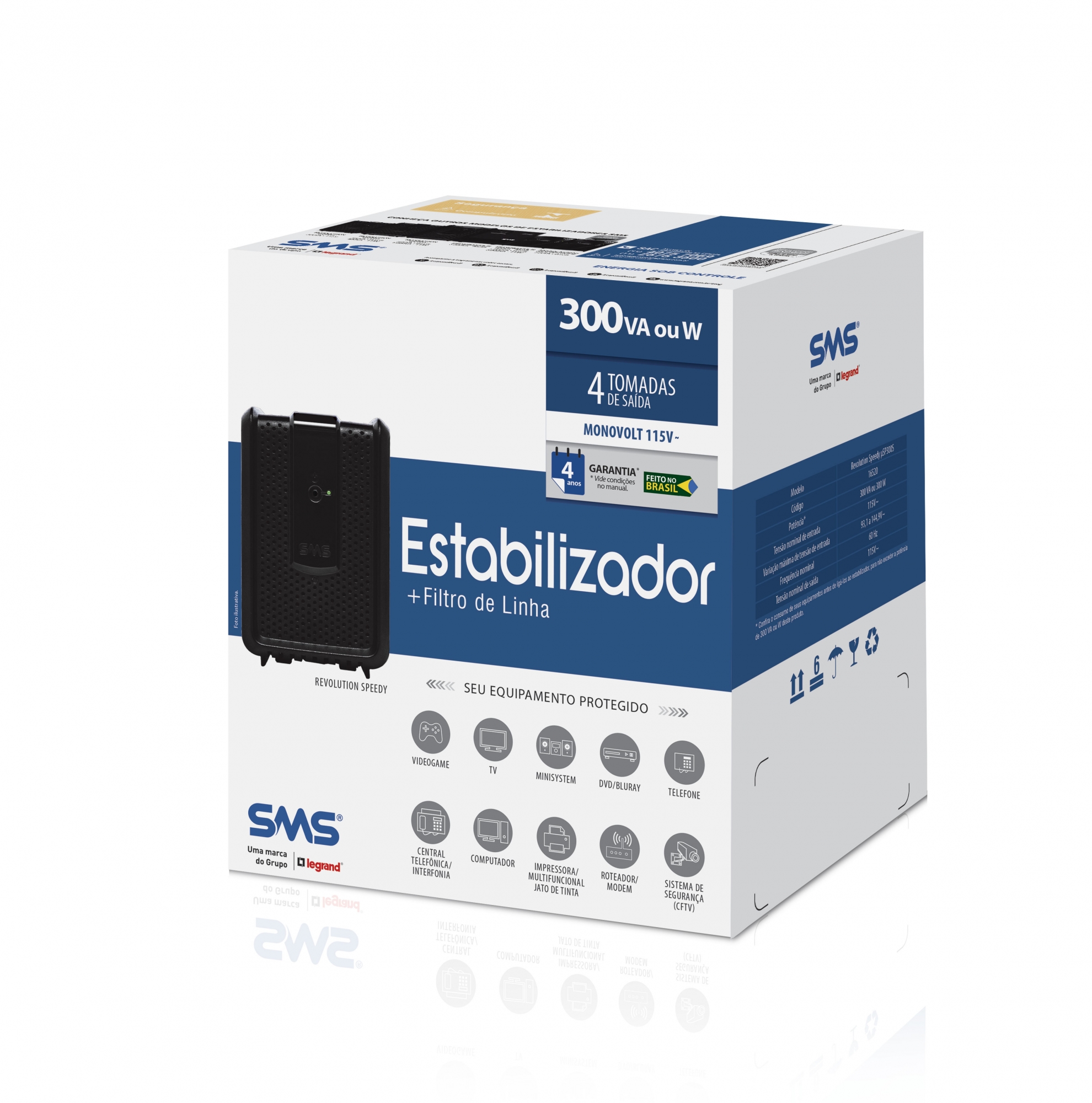 estabilizador 300va sms 115v preto