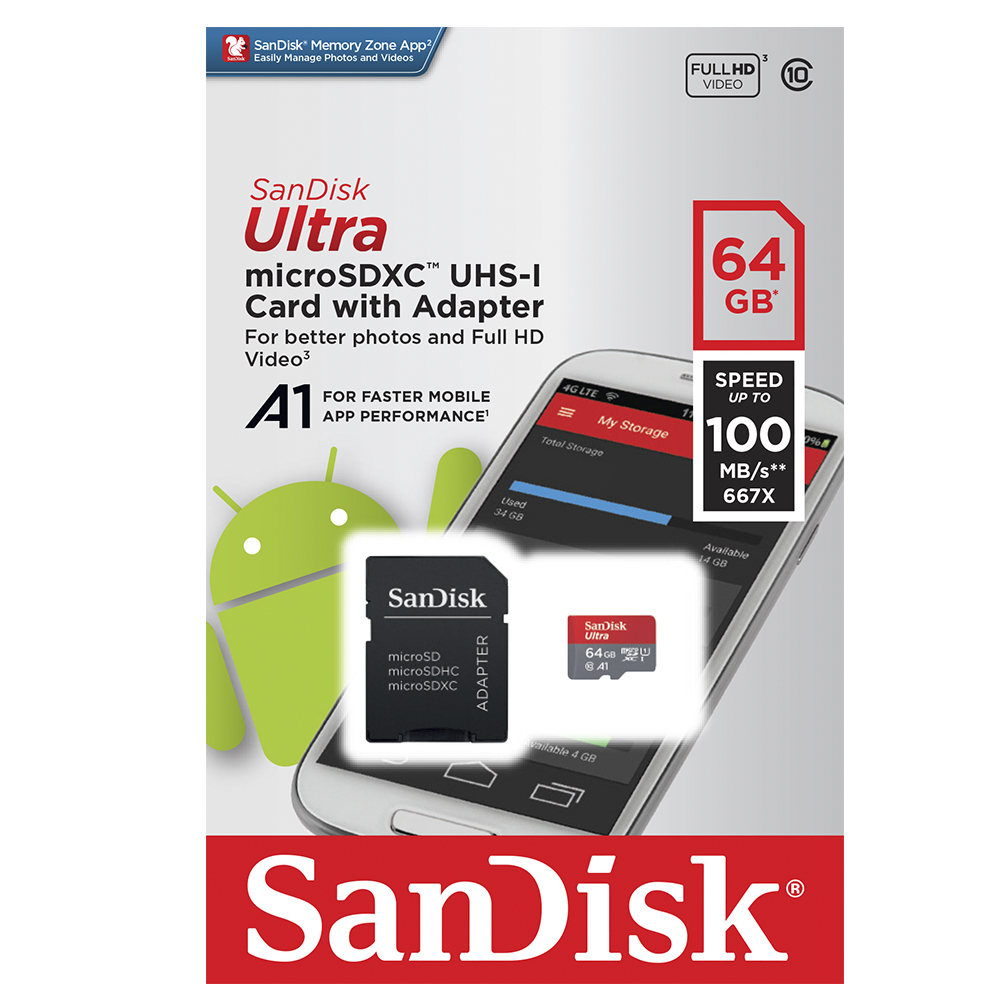 micro sd c, adaptador 64gb ultra cl10 sandisk