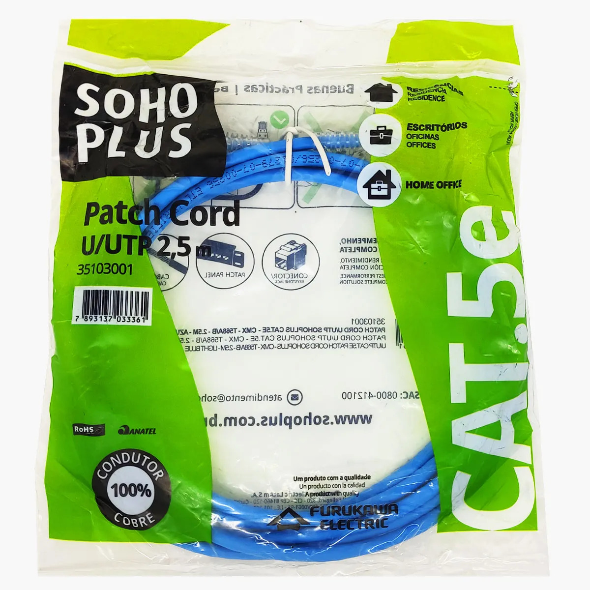 cabo patch cord u, utp cat5 sohoplus 2,5mt azul